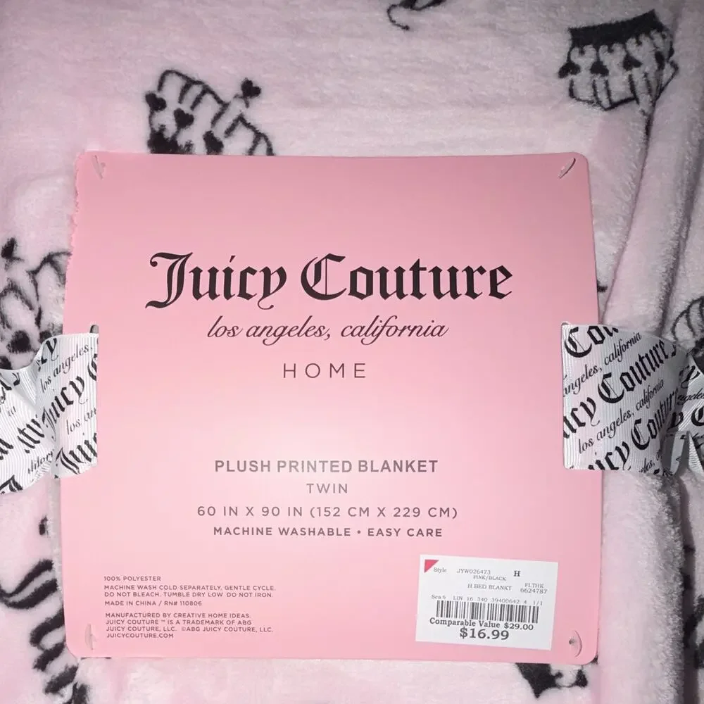 Juicy Couture Plush Printed Blanket Twin 60x90 Pink/Black Crown All-Over
